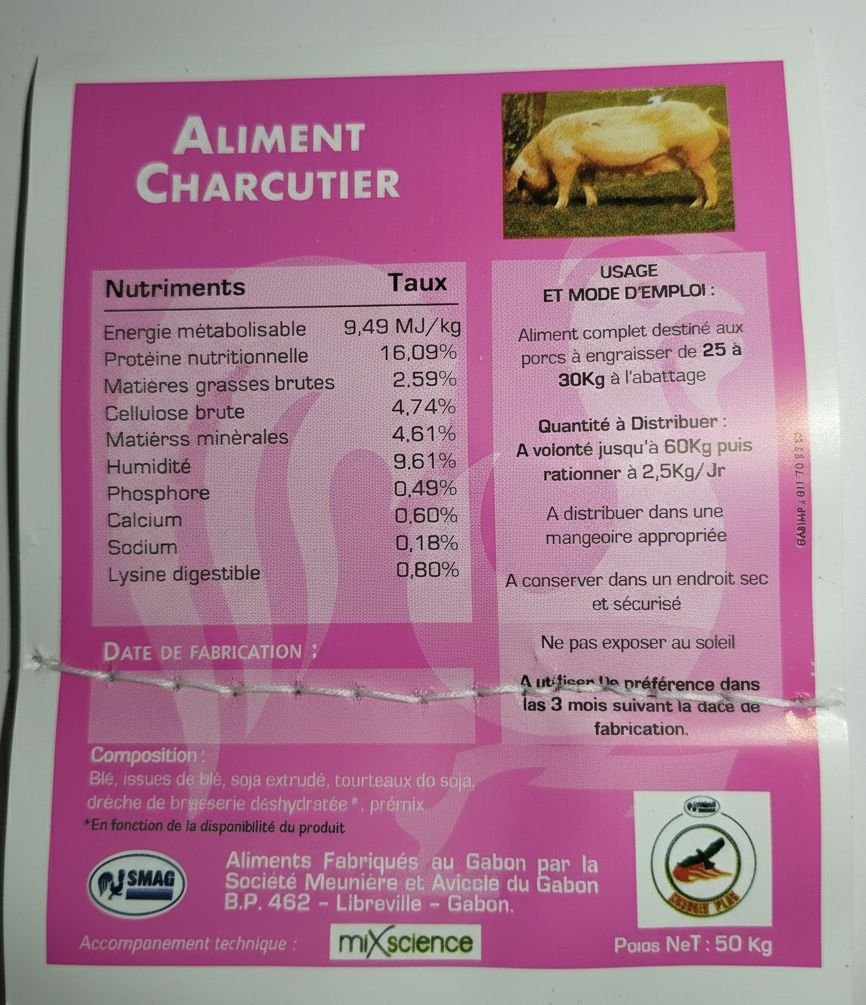 ENERGIE + CHARCUTIER - aliments pour porc - DEAG Gabon