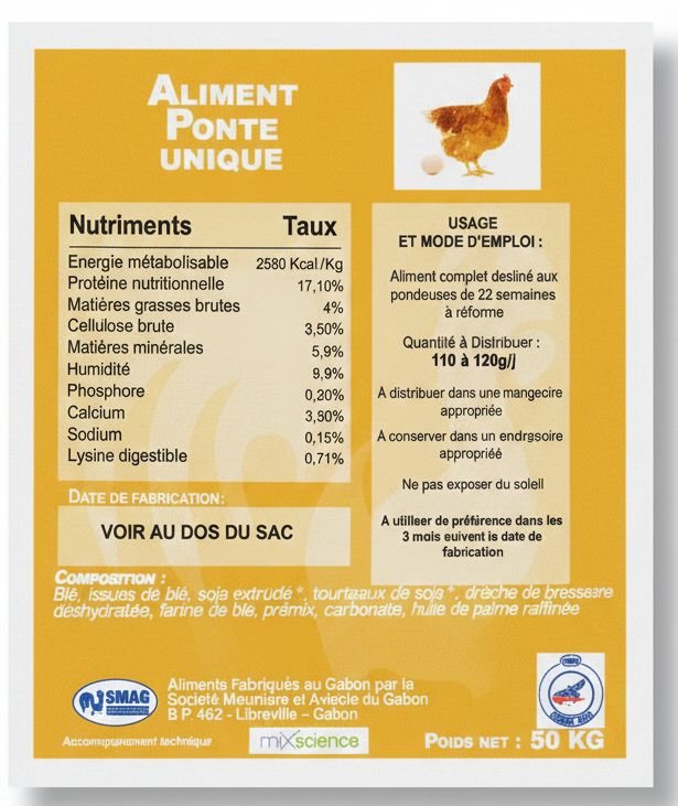 PONTE UNIQUE 50 KG - aliments pour volaille - DEAG Gabon